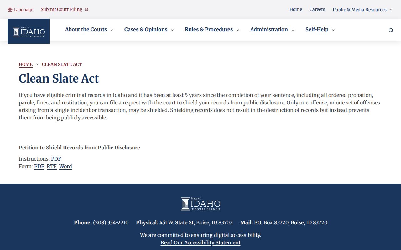 Idaho Supreme Court Clean Slate information for record shielding